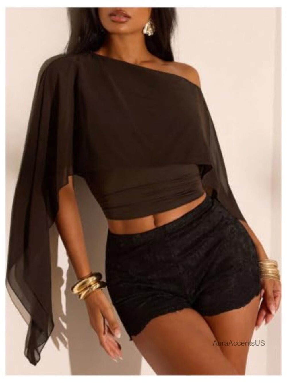 Women's Off Shoulder Cropped Cape Top Mesh Poncho 3/4 Sleeve Asymmetrical - Picture 5 of 5